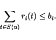 \begin{displaymath}\sum_{t \in S(u)}r_i(t) \leq b_i. \end{displaymath}