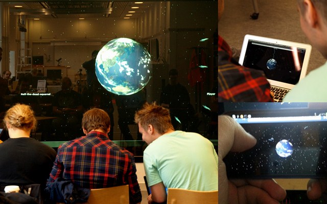 Players interacting with Planetary Defence on three different platforms..
