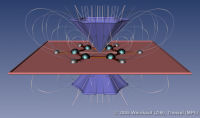 Topologically simplified representation of the electrostatic field around the benzene molecule with one higher order critical point elucidating the far field behavior of the benzene. The field consists of 184 first order critical points. Cover image of Vis05 Proceedings.