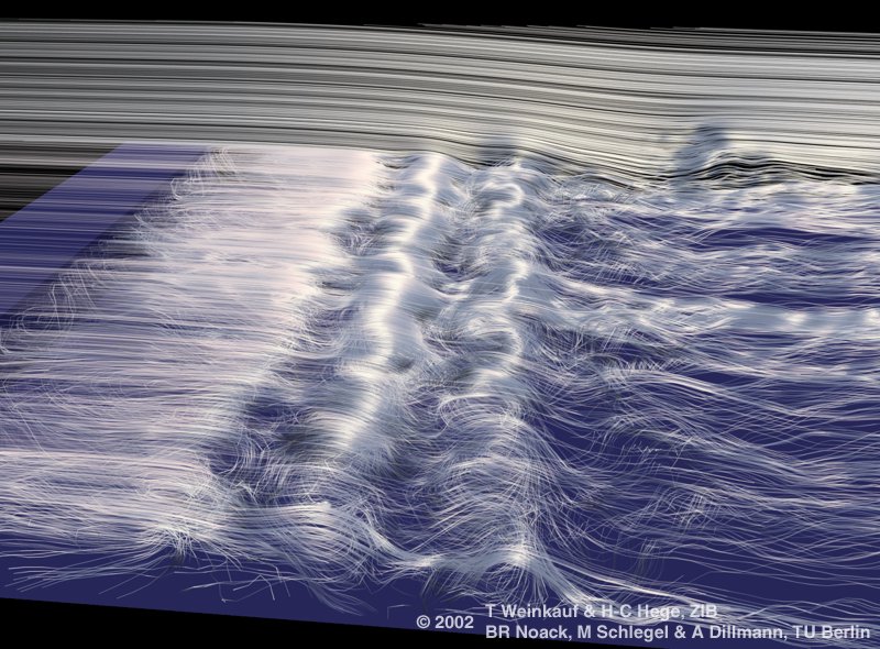 stream lines seeded at positions of very high and very low mean curvature